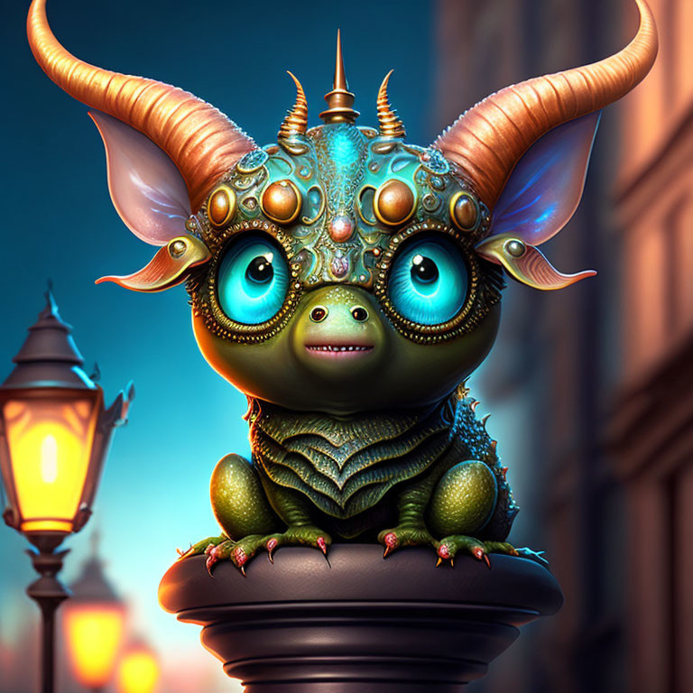 Steampunk-style creature with large eyes and horns under streetlamp glow