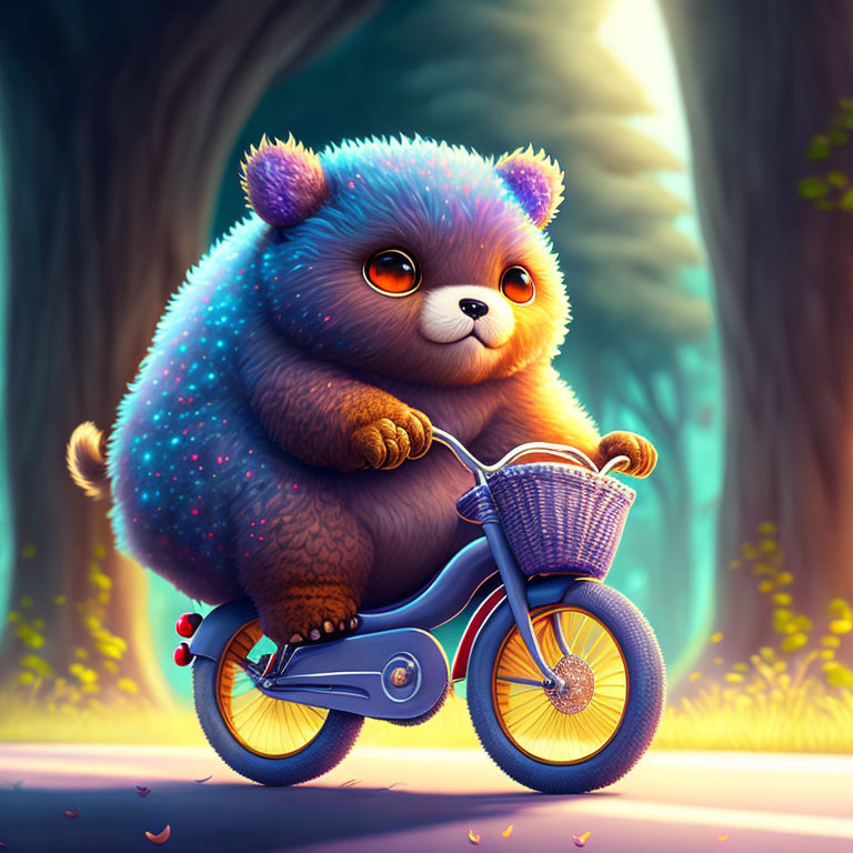 Blue bear with star pattern riding bicycle in sunlit forest