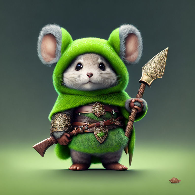 Fantasy warrior mouse illustration in green cloak and armor with spear