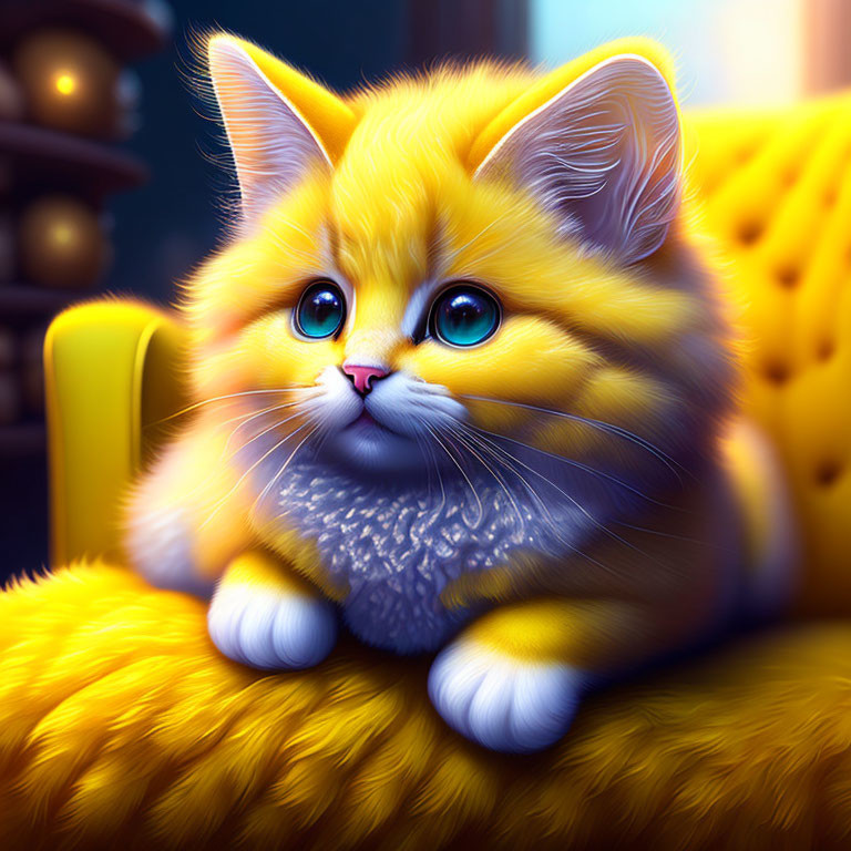 Fluffy orange kitten with blue eyes on yellow cushion in cozy room