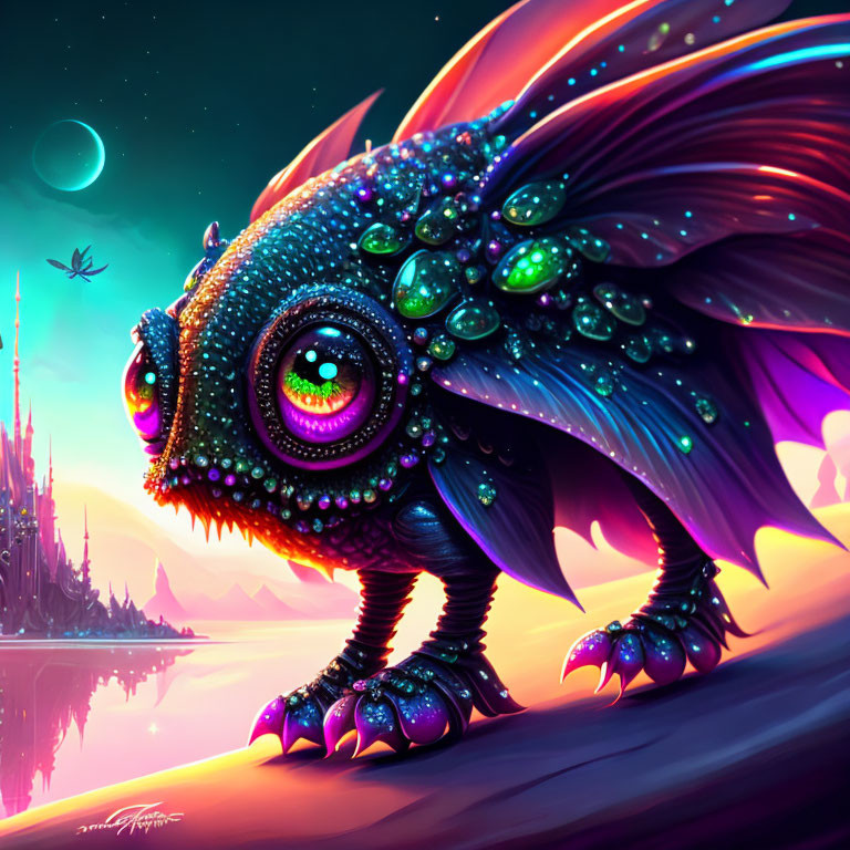 Fantastical creature with iridescent scales in purple landscape