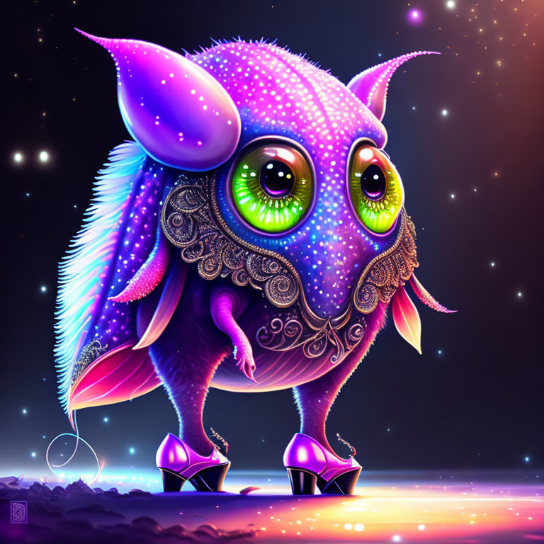 Purple fantastical creature with green eyes, wings, and high heels in digital art