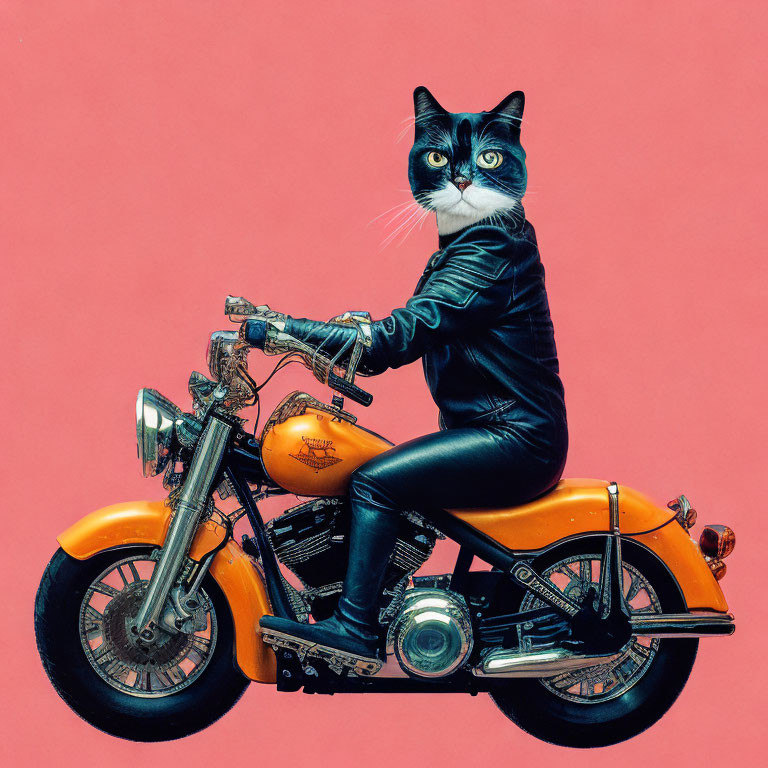 Cat with human body in leather jacket on yellow motorcycle against pink background