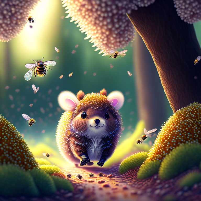 Whimsical illustration: Cute mouse, bees, and petals in enchanted forest