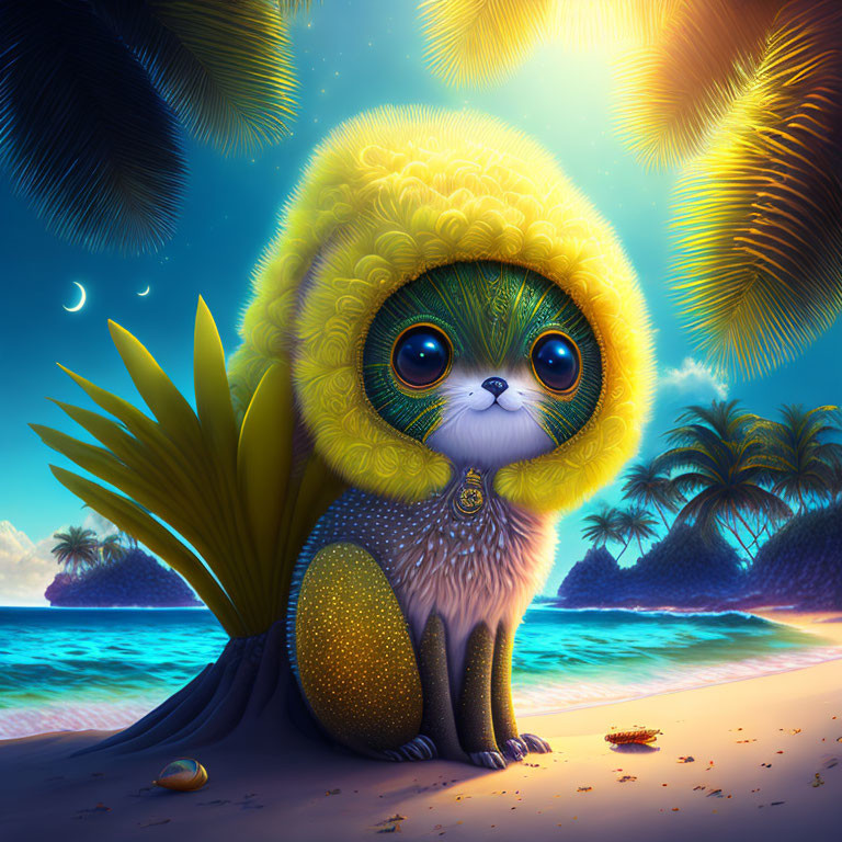 Whimsical cat in yellow cloak on tropical beach at twilight