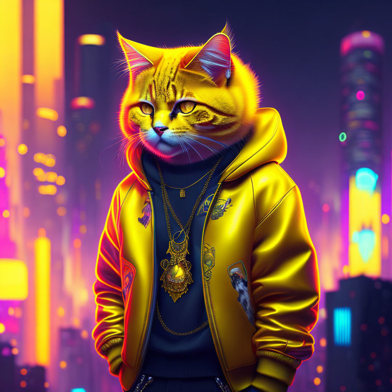 Anthropomorphic Cat in Yellow Jacket with Jewelry in Neon Cityscape