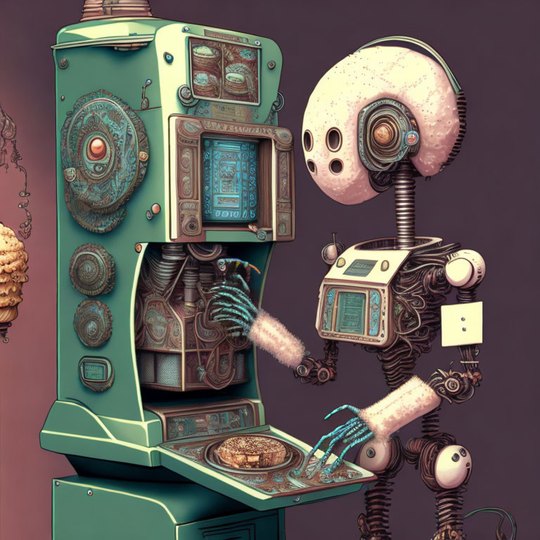 Vintage-style robots cooking pancakes in whimsical kitchen scene with pastel colors