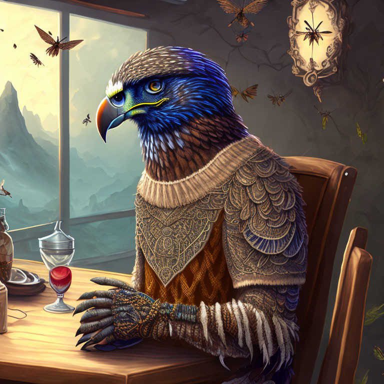 Medieval-themed anthropomorphic eagle with wine glass in mountain setting