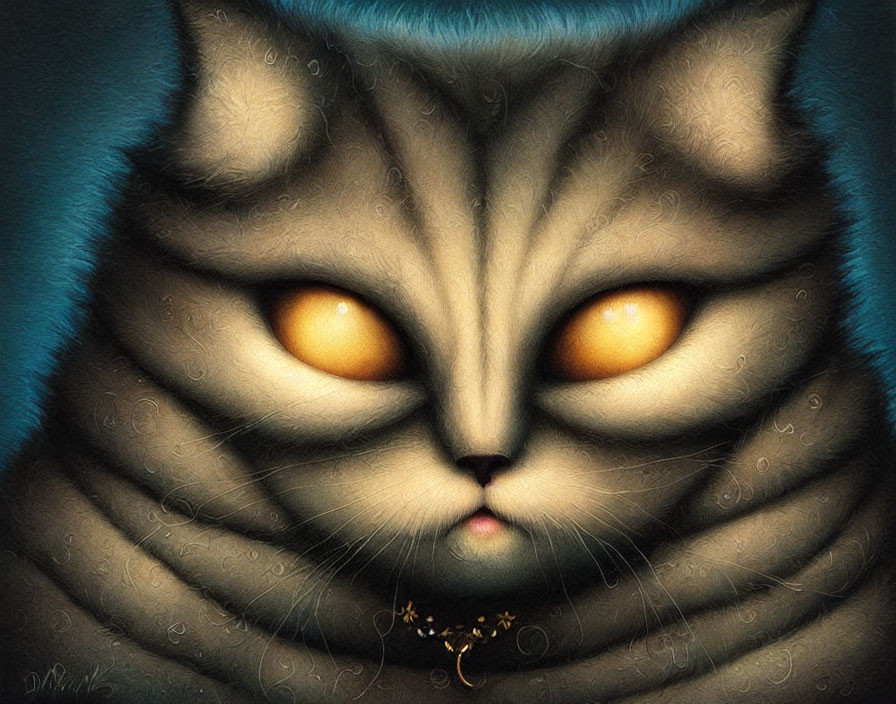 Detailed digital artwork of chubby gray cat with orange eyes on dark blue background