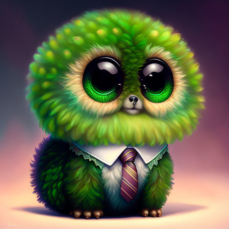 Fluffy Green Creature with Soulful Eyes and Striped Tie on Purple Background