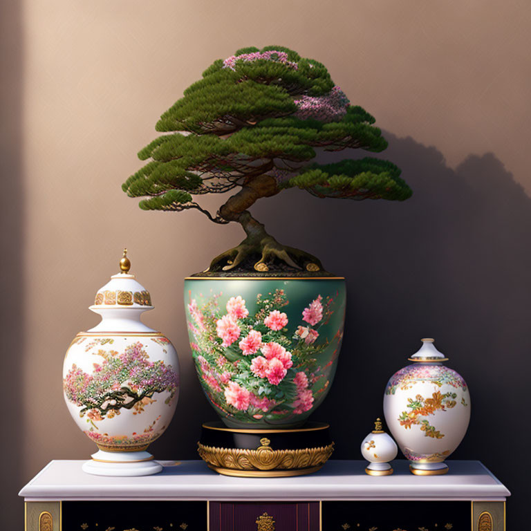 Lush Bonsai Tree in Decorative Pot with Ornate Vases on Black Shelf