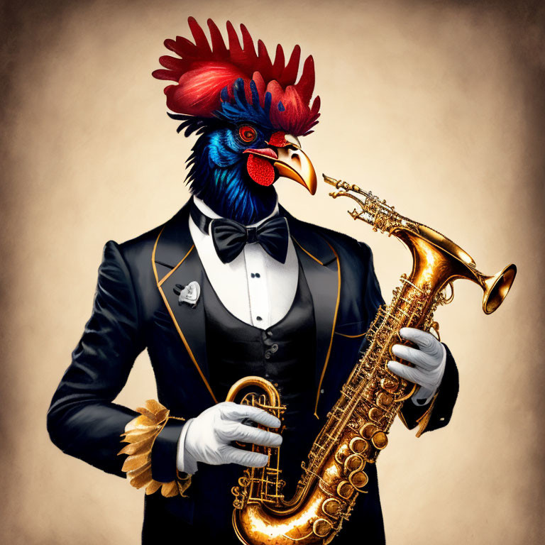 Anthropomorphic Rooster in Tuxedo with Saxophone on Beige Background