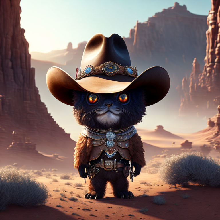 Anthropomorphic animal in cowboy outfit in desert landscape