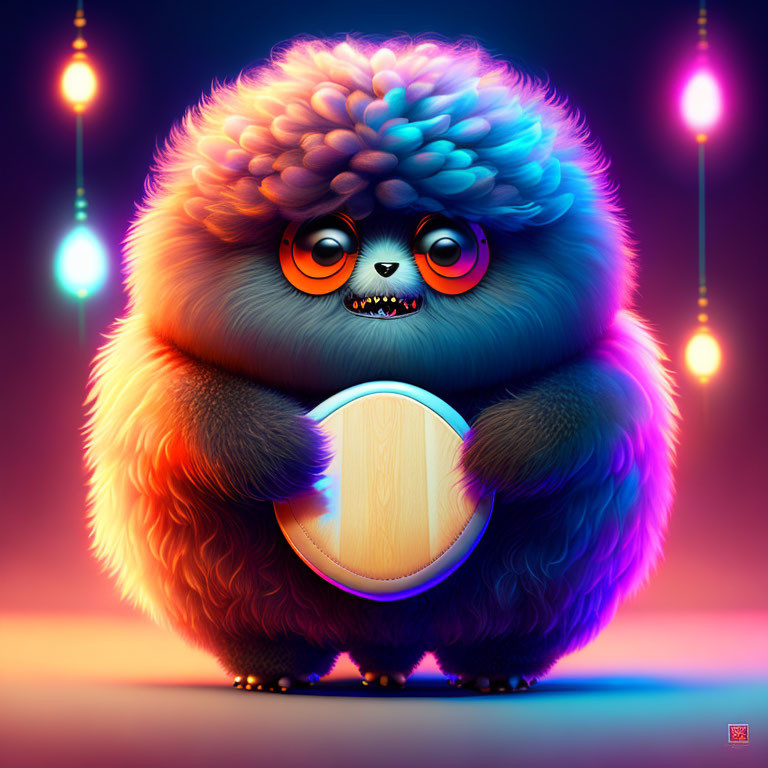 Fluffy Creature with Large Eyes Holding Drum under Ambient Lights