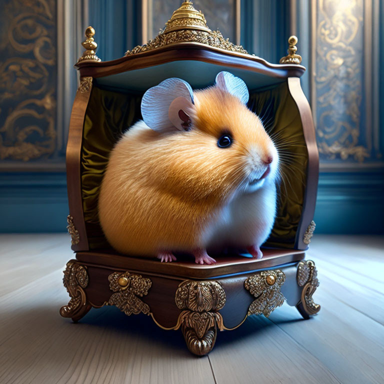 Cute chubby hamster on royal throne in elegant blue room