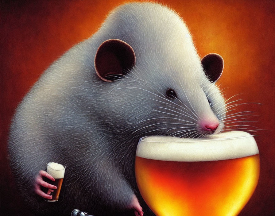 Illustrated Mouse with Human-Like Hands Holding Mug Over Pint of Beer