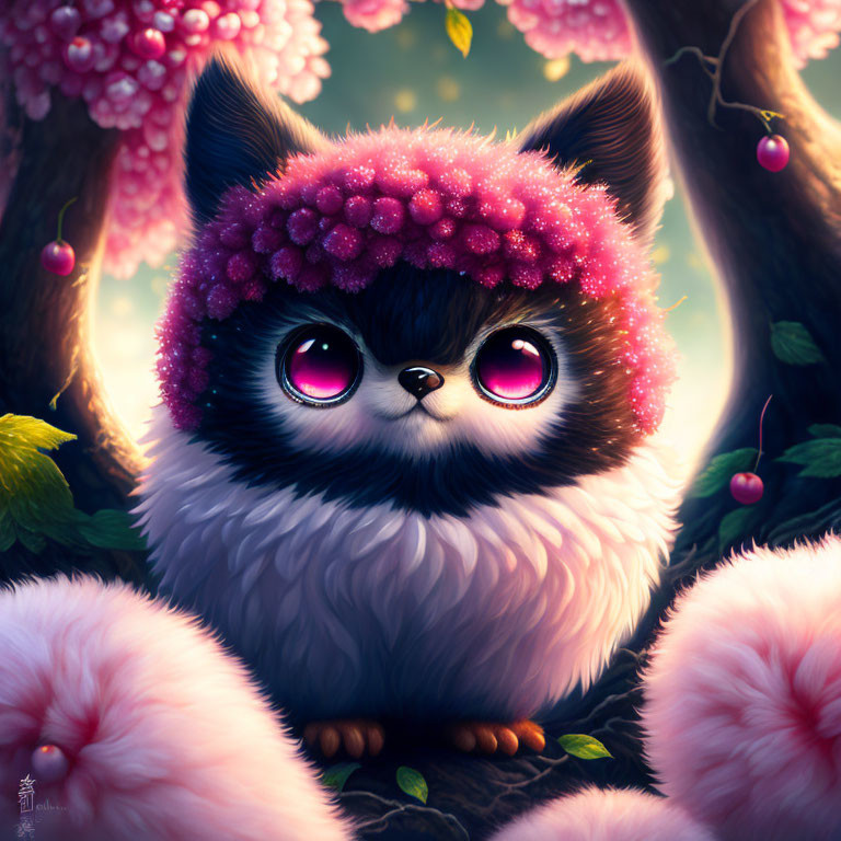 Fluffy cat with pink eyes in flower hat among cherry blossoms