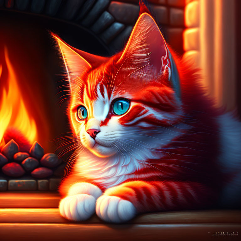 Illustration of Orange and White Cat by Fireplace