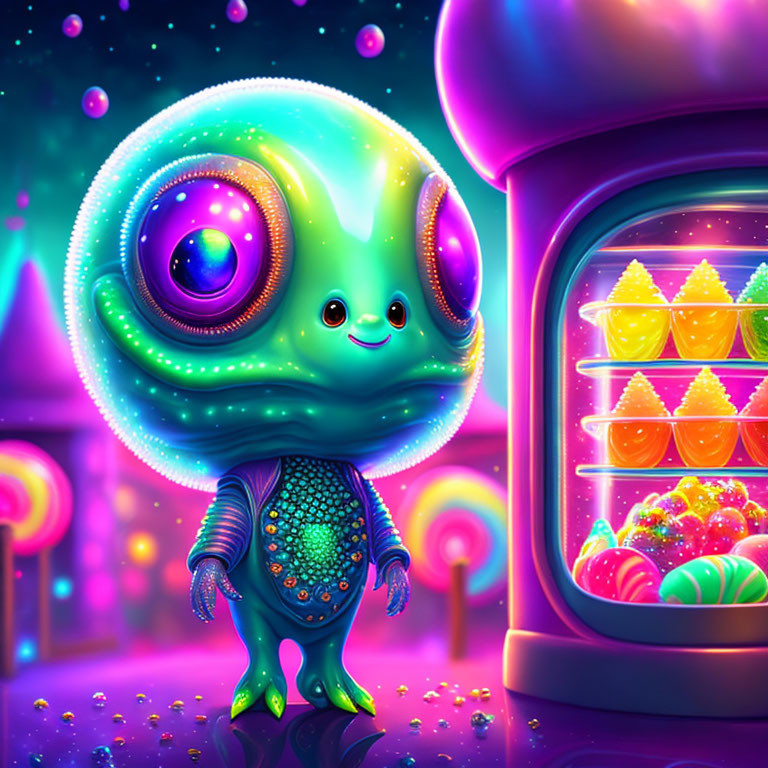 Colorful Smiling Alien in Candy-Themed Digital Art