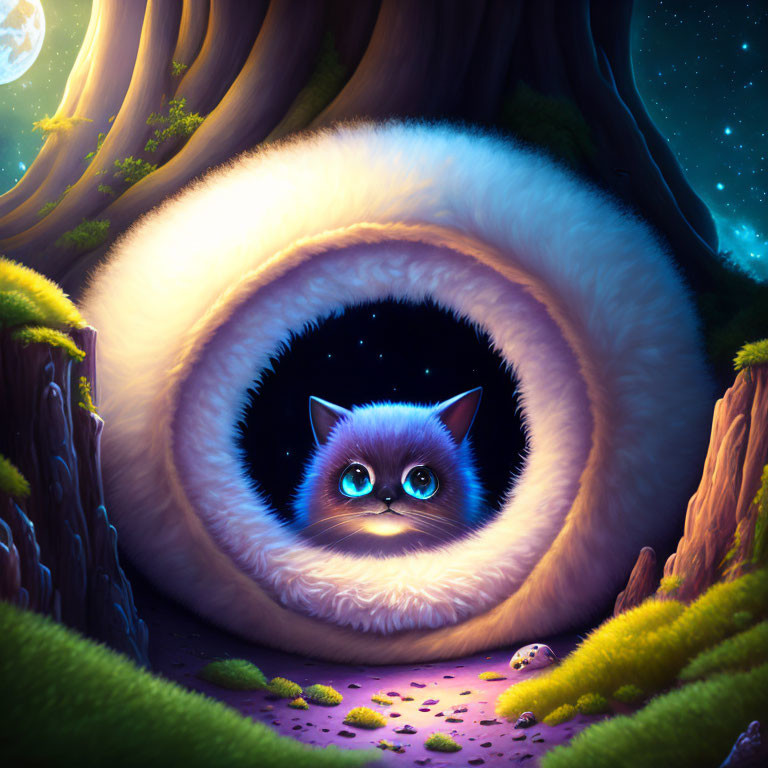 Blue-eyed fluffy cat in hollow tree with glowing starry night sky.