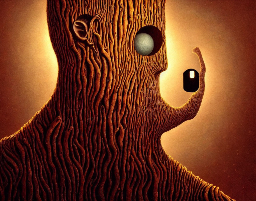 Detailed illustration of tree-like figure with human-like features, textured bark skin, hollow eye, mysterious doorway