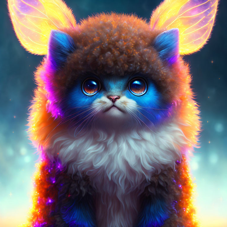 Fluffy kitten-headed creature with blue eyes and glowing wings on starry background