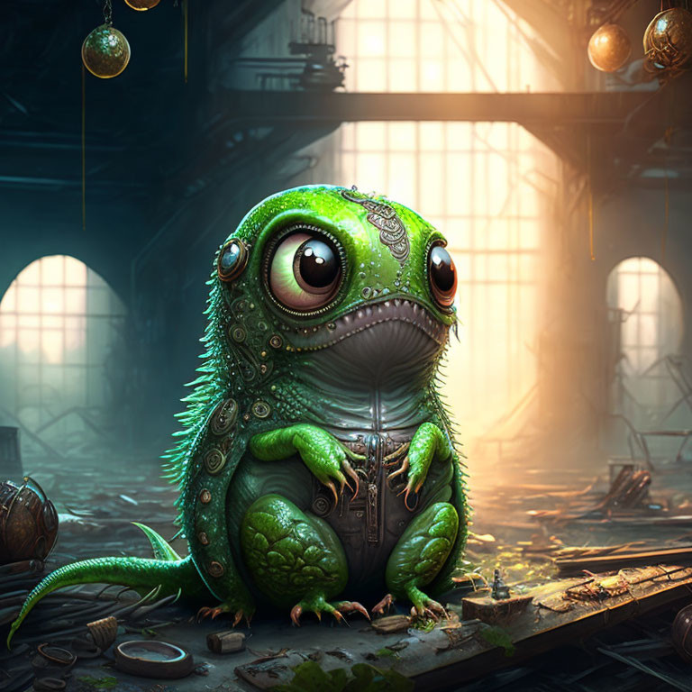 Detailed Steampunk Mechanical Frog Illustration in Green Environment