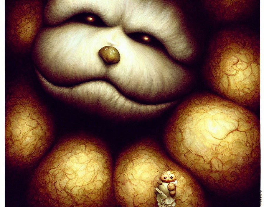 Whimsical illustration of large fluffy creature with small worried figure