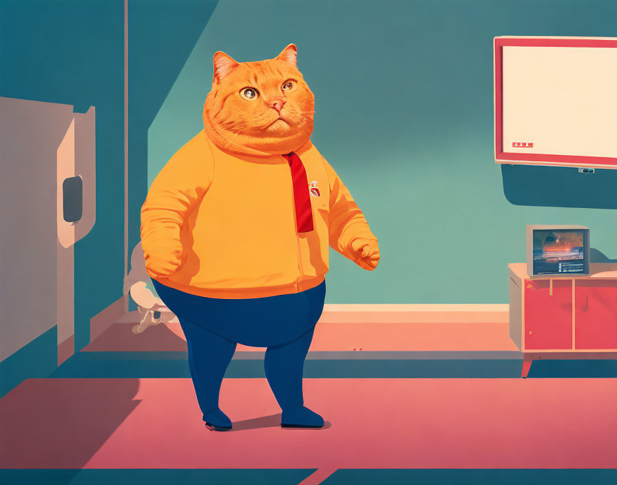 Anthropomorphic Cat in Yellow Hoodie and Blue Pants in Stylized Room