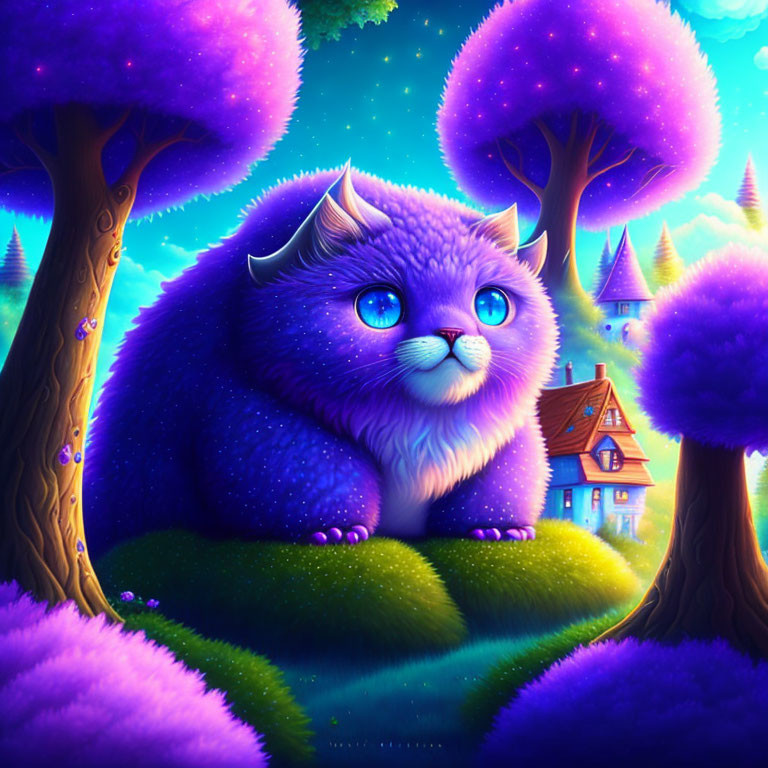 Giant fluffy blue cat in whimsical landscape with purple trees