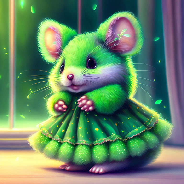 Colorful anthropomorphic mouse in frilly dress by window