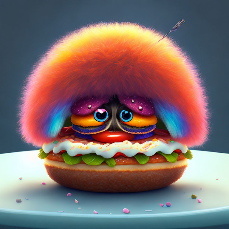 Colorful Cartoon Burger with Sparkling Eyes and Funky Bun