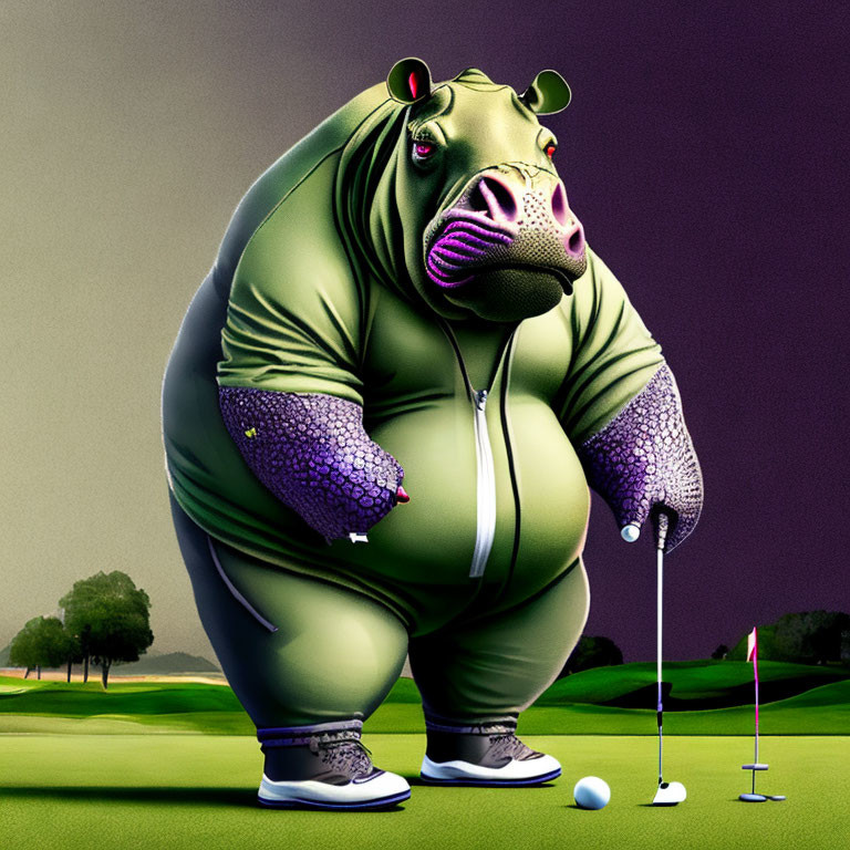 Stylized illustration of a golf-playing hippopotamus in green tracksuit