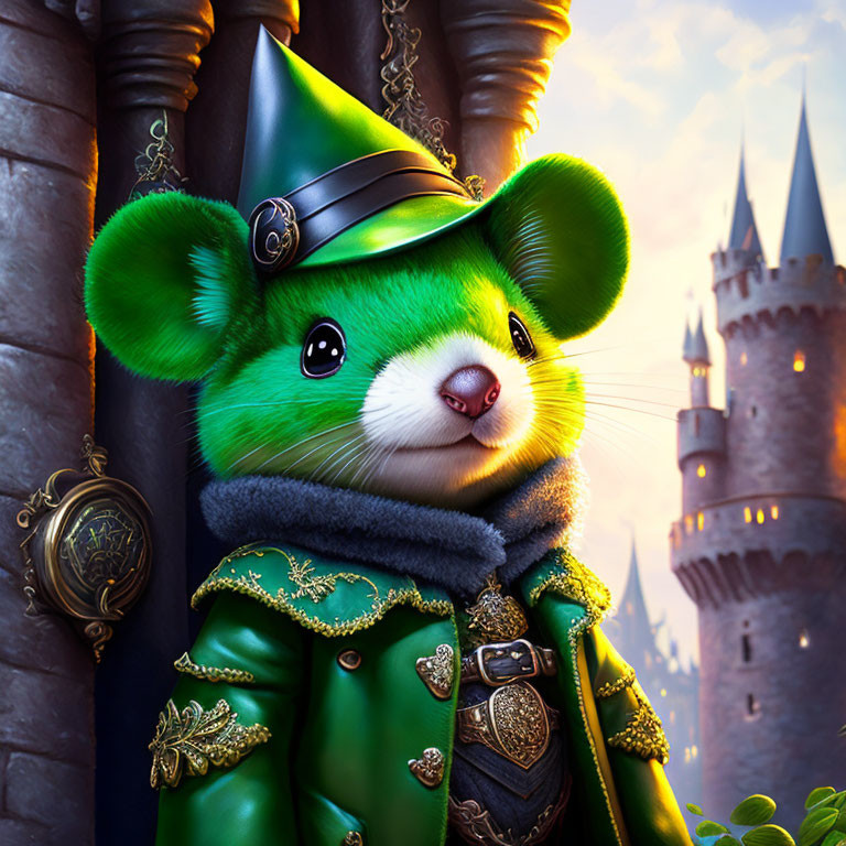 Medieval-themed anthropomorphic mouse with metal-adorned leather hat in castle backdrop