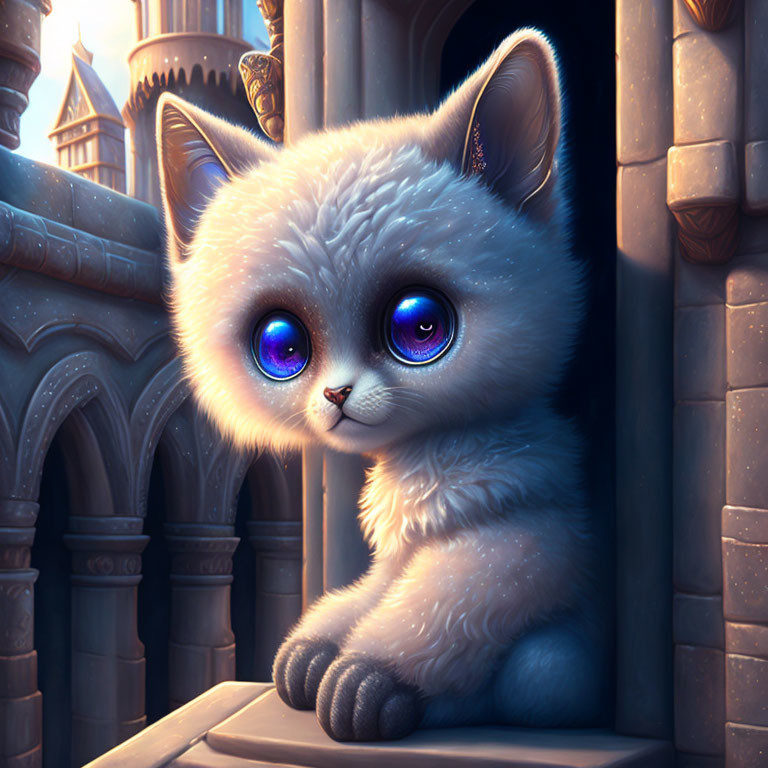 White Fluffy Kitten with Large Blue Eyes on Stone Ledge with Gothic Castle Background