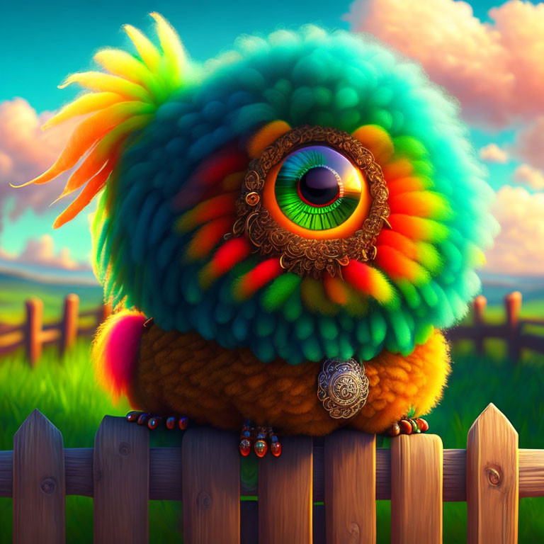 Colorful whimsical creature with large eye on wooden fence in pastoral landscape