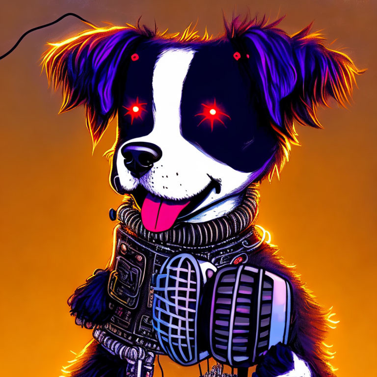 Robotic dog illustration: black and white fur, red eyes, spacesuit, orange backdrop