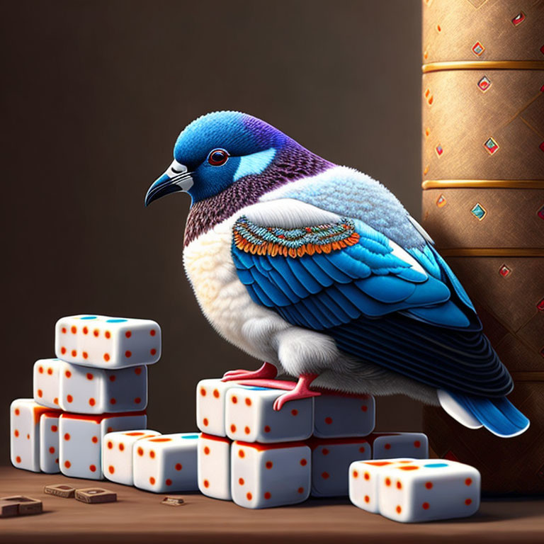 Colorful pigeon on dominoes near vase on neutral background