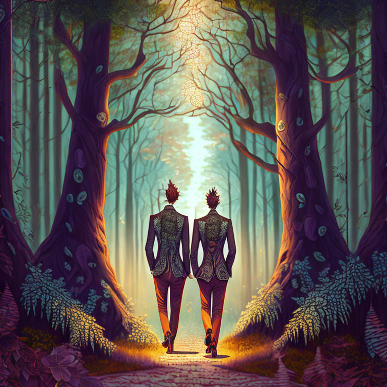 Two humanoid figures with tree-like features walking hand-in-hand in a mystical forest path.