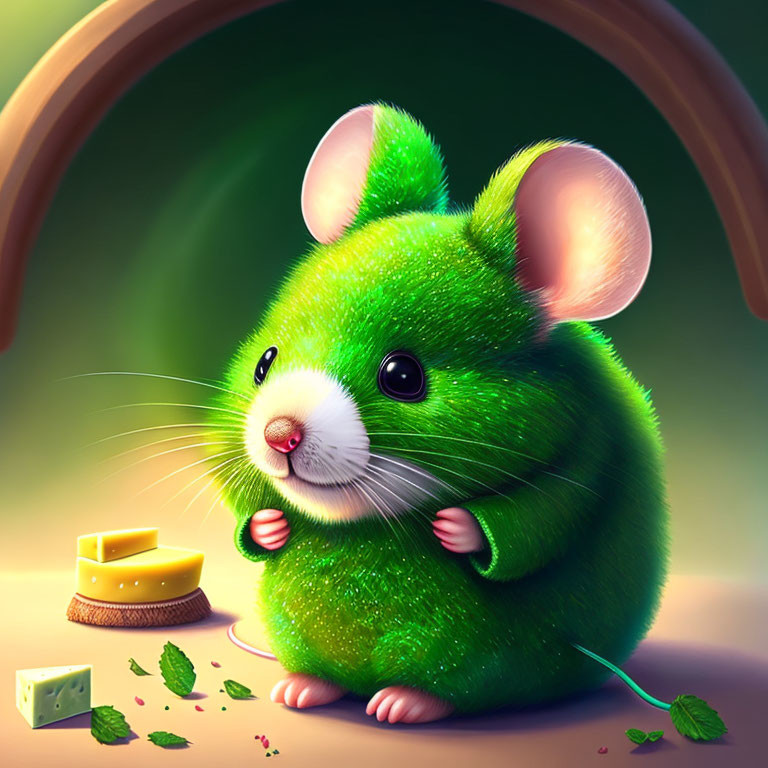 Whimsical chubby green creature with large ears next to cheese slices