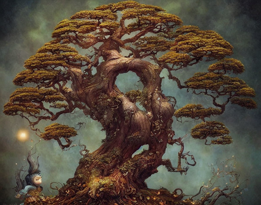 Fantasy illustration of ancient tree with golden leaves and whimsical creatures.