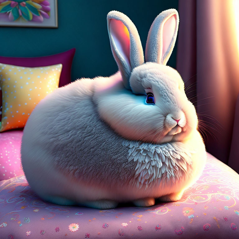 Adorable Cartoon Rabbit on Cushion in Cozy Room