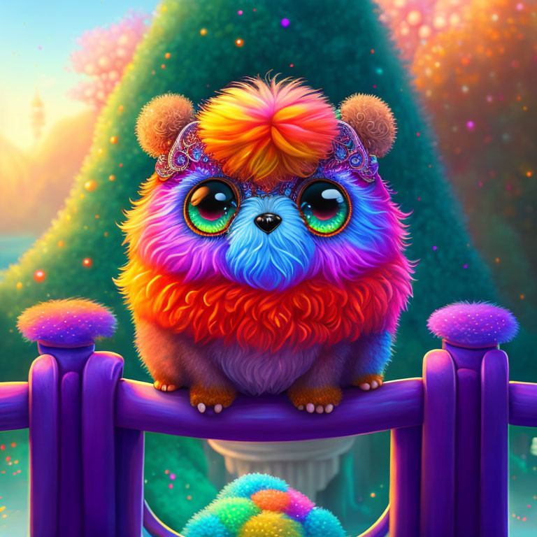 Colorful fluffy creature with expressive eyes in vibrant garden