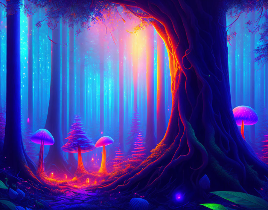 Enchanting forest scene with large tree and glowing mushrooms