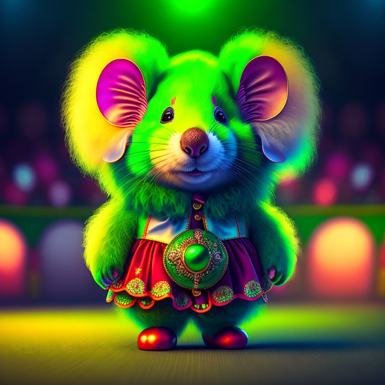 Colorful Illustration of Anthropomorphic Mouse in Red Dress