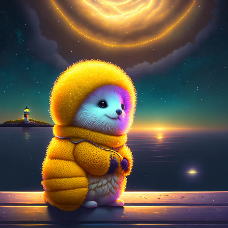 Fluffy hedgehog in yellow coat by sea with galaxy and lighthouse