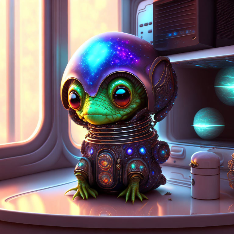 Colorful Alien in Spacecraft with Big Eyes and Space Helmet