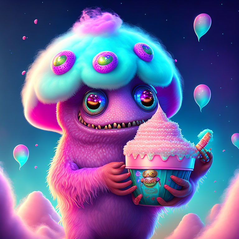 Colorful illustration of a furry creature with multiple eyes holding a cupcake in a magical setting with floating