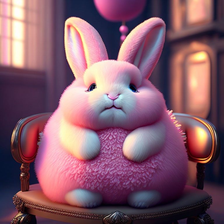 Pink fluffy rabbit on ornate chair with balloons in soft glow