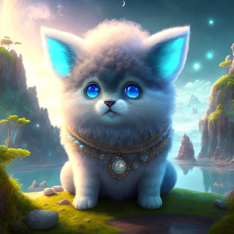 Blue-eyed kitten in fantastical landscape with glowing plants